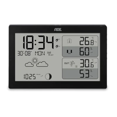 Imagen de ADE Estación meteorológica Digital con Sensor Exterior y previsión termómetro e higrómetro presión atmosférica Reloj Radio controlado 2 Horas de Alarma Calendario Negro