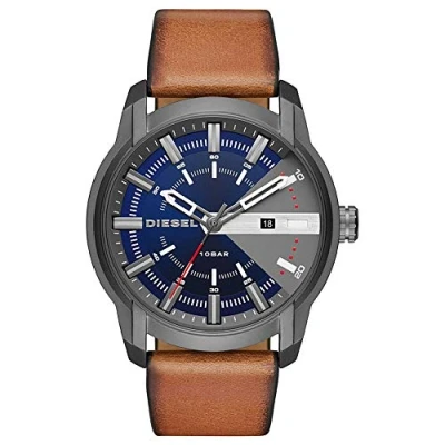 Imagen de Diesel Reloj para hombre Armbar, mecanismo de tres manecillas con fecha, caja acero inoxidable Gunmetal 45 mm correa piel, DZ1784