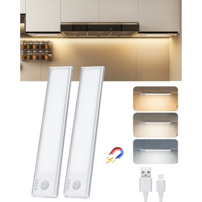 Imagen de Aigostar luz led armario con sensor de movimiento y batería recargable， cocina bajo mueble 1100mAh， brillo color ajustables， cable USB C， adhesiva magnética 20.4cm， 2pcs