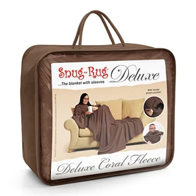 Imagen de Snug Rug Chocolate marrón Deluxe Batamanta Bata Manta de TV para Sala Estar Sofá Mujer Hombre Invierno Suave y Acogedor con Mangas Bolsillo Frontal Coral Forro Polar Adulto