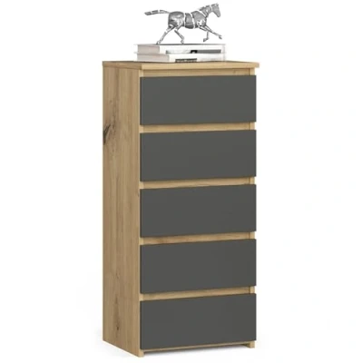 Imagen de AKORD Cómoda con 5 cajones alta Mueble moderno para sala de estar, comedor, dormitorio, entrada baño Armario habitación infantil 35x40x92 cm Roble Artisan &amp; Gris Grafito Frente