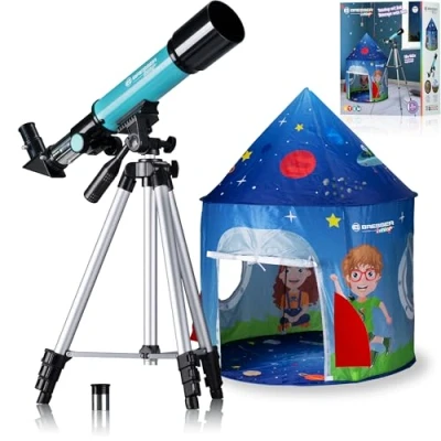 Imagen de Bresser telescopio Refractor Junior 50/360 para niños Juego de iniciación a la astronomía con Tienda, Refractor, trípode, Montura azimutal, oculares y Espejo cenital