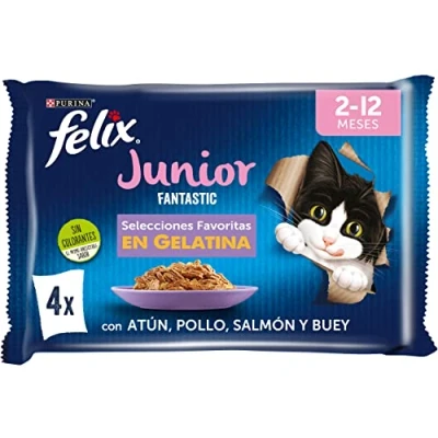 Imagen de Felix Purina Fantastic Comida Húmeda para Gatito, Junior, Bebé Selecciones favoritas, 12 paquetes de 4 sobres 85g 48