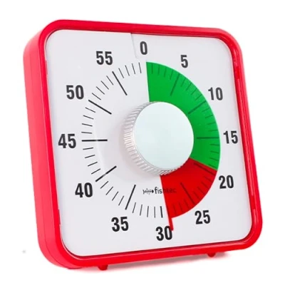 Imagen de FISHTEC Temporizador mecánico gigante cuadrado rojo Timer 60 minutos 2 zonas de color Números grandes Sobre pie o magnético Cocina, aula Gestión del tiempo examen 19 x 4,5 cm
