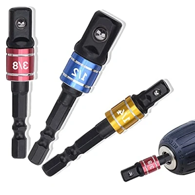 Imagen de juego de 3 adaptadores impacto 1/4 pulgadas, 1/2 3/8 reductor que convierte el taladro eléctrico en llave tuerca alta velocidad, extensión, adaptador