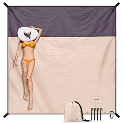 Imagen de SKYREH Manta de Playa, Esterilla Playa Grande Impermeable a Prueba Arena 220x210 cm Alfombras Ligera y Portátil, Duradera, Nylon para Exteriores Viajes Senderismo, Champán Oro