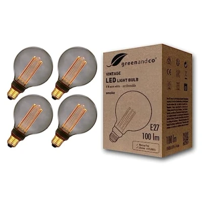 Imagen de greenandco 4x Bombilla LED decorativa estilo vintage E27 G95 4W 100lm 1800K 320 230V, gris, sin parpadeo, no regulable