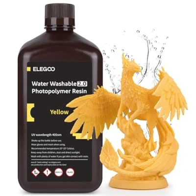 Imagen de ELEGOO Resina Lavable con agua Mejorada 2.0, Rápida para Impresora 3D Menor Contracción y Mayor Precisión LCD/DLP/SLA/3D Amarillo 2000g