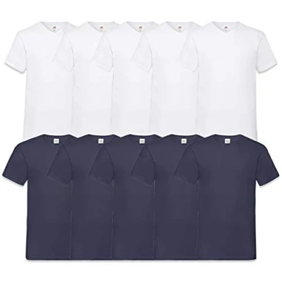 Imagen de Fruit of the Loom Camiseta Valueweight de Cuello en V para Hombre (10 Unidades), Blanco y Azul Marino, XL