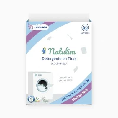 Imagen de Natulim Detergente en Tiras para Lavadora (50 Lavados) Incluye Suavizante, Ecológico, Hipoalergénico, Made in Spain Ropa limpia y suave sin ensuciar el Planeta (Fragancia Lavanda)