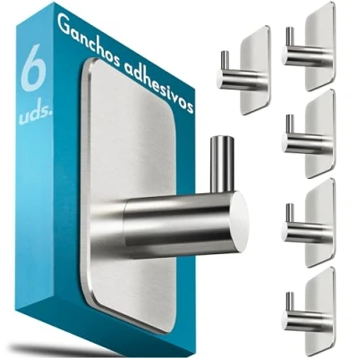 Imagen de Menz Ganchos adhesivos para pared, 6 piezas acero inox, colgador toalla baño, colgadores resistentes al agua