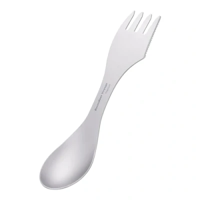 Imagen de iBasingo Titanium Spork Cuchara de camping ultraligera 3 en 1, cuchillo portátil 1,2 mm grosor, vajilla duradera con estuche almacenamiento, utensilio multifuncional para picnic,