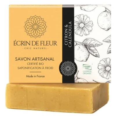 Imagen de Écrin de Fleur Jabón Artesanal Ecológico Limón y Caléndula, para el Lavado los Manos, Cara Cuerpo Hombres Mujeres, sin Productos Químicos, Aceite Palma, 1x90g