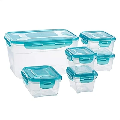 Imagen de Amazon Basics Contenedores herméticos sellados con Tapa de plástico sin BPE, apilables y Aptos para frigorífico/congelador, microondas lavavajillas. 6 Unidad, Paquete 1, traslúcido