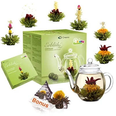 Imagen de Creano Set de regalo flores Té ErblühTee con tarro cristal 500 ml y 6x verde + 1x Bola negro Teelini 8 piezas bonificación
