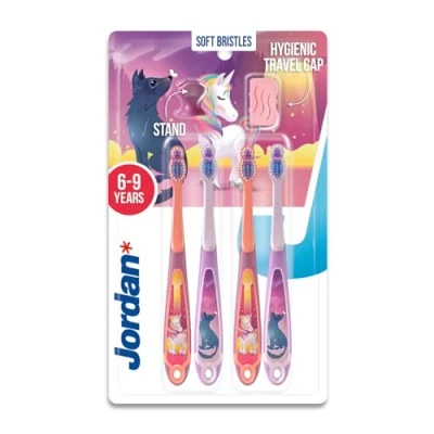 Imagen de Jordan cepillo de dientes para niños 6 a 9 años, años cerdas suaves, mango doble ergonómico y libre BPA Color rosa azul Pack 4 unidades