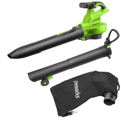 Imagen de Greenworks GD40BVII Aspiradora inalámbrica de soplado Hojas con Motor sin escobillas, 370 km/h, 14,17 m3/min, Bolsa mantillo 45 L batería 40 V y Cargador, 3 años garantía
