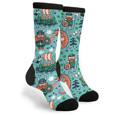 Imagen de 934 Unisex Calcetines Dragón Y Barco De Vikingos Dibujos Animados Socks Clásicos Deporte Respirable Para Ciclismo Diario Hombre 40Cm