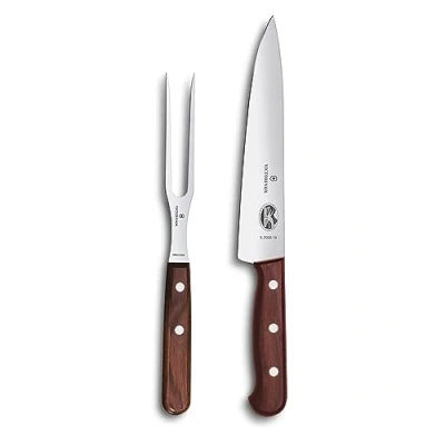 Imagen de Victorinox Wood, set profesional para trinchar, 2 piezas, cuchillo y tenedor acero inoxidable, elegante mango de madera, marrón