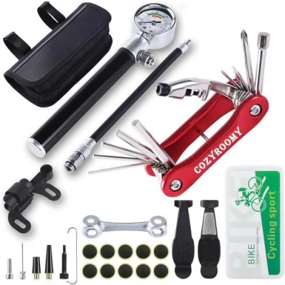 Imagen de COZYROOMY kit herramientas bicicleta,Reparación de pinchazos bicicleta, 210 Psi Mini Pump, Herramienta 10 en 1 (con separador cadena), Palancas neumáticos y parches,1 bolsa sillín.