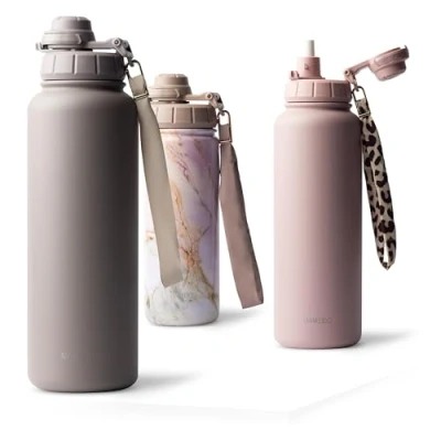 Imagen de MAMEIDO Botella Agua Acero Inoxidable 500ml Termica con Pajita, Gimnasio sin BPA, Cantimplora estanca, Termo Correa de Transporte, Water Bottle (Taupe Grey, 0,5l)