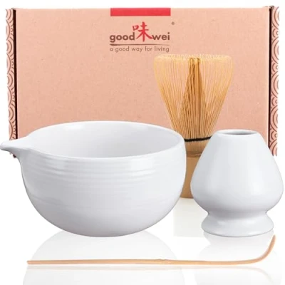 Imagen de Goodwei matcha Kit con cuchara y batidor te matcha, tazon soporte para de cerámica en el mismo diseño Cuenco Chawan artísticamente vertedor, 450ml (Camellia Blanco)