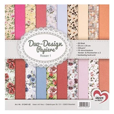 Imagen de Ideen mit Herz Papeles Duo Design bloc con 20 hojas de papel craft 25 x cm 250g/m² impreso por ambas caras diseño, motivos ideal para scrapbooking (Rosas 01)