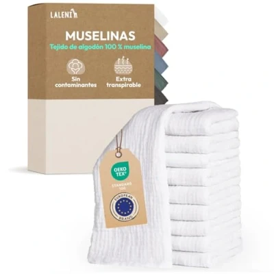 Imagen de Laleni muselinas bebé algodón 70x70cm 10 uds gasas para bebés Piel Sensible Ideal como Toalla recién Nacido Supersuave y Absorbente Muselina pañales de Blancos