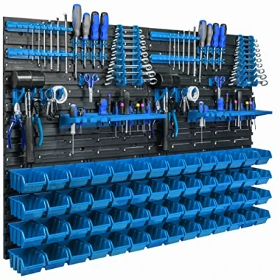 Imagen de Sistema de Almacenamiento Pared, 115 x 78 cm Soportes para Herramientas 56 Unidades, apilables Cajas Placas Pared extrafuertes estantería Ampliable, Taller