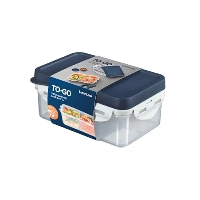 Imagen de LocknLock Tartera con compartimentos y cubiertos, 1,00 l, 207 x 137 88 mm, 3 vasos para salsa, 100% herméticas e impermeables, aptas lavavajillas microondas, sin BPA