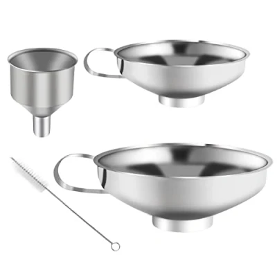 Imagen de Embudos de Acero Inoxidable, Embudo para Mermelada, Conservas Cocina con Mango, Decantar Especias, Líquidos, Polvos, Judías (3 Tamaños, 1 Cepillo)