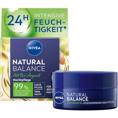 Imagen de NIVEA Natural Balance crema de noche regeneradora (50 ml), hidratante con aceite argán orgánico, jojoba y almendra, nutritiva para todo tipo piel