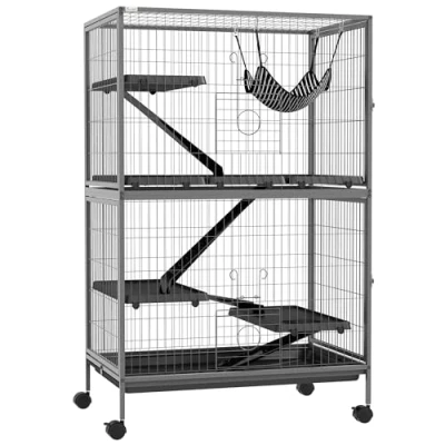 Imagen de PawHut Jaula Grande para Roedores 80x52x128 cm Casa de 4 Alturas con Rampas Hamaca Colgante Bandeja Extraíble Ruedas Puertas Gris Plateado