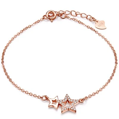 Imagen de Pulsera con diseño de doble estrella Infinite U, plata ley 925 circonias cúbicas, cadena extensión ajustable, color oro rosado