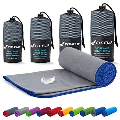 Imagen de Fit Flip Toalla Microfibra Toallas microfibras para el Gimnasio y Viaje Gym compacta, Ultraligera de Secado rápido Playa Grande Natacion (50x110cm Gris Borde Azul Oscuro)