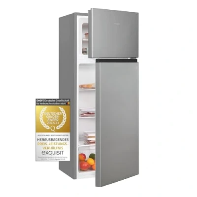 Imagen de Exquisit® Frigorífico Vertical, 347L, Clase E, Color Blanco, 2 Puertas, Estantes de Cristal, Cajón Verdulero, Puerta Reversible, Tiradores Integrados, Consumo 176 kWh/año, Medidas 143,2x55x56 Cm.