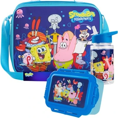 Imagen de Get Trend SpongeBob Squarepants Bolsa Termica Infantil con Fiambrera Almuerzo Botella Agua Niños 3 Piezas Merienda Botellas Loncheras (Azul SpongeBob)