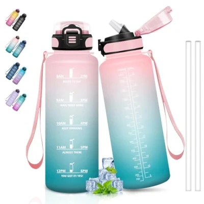 Imagen de Botella 1 5 Litros, Agua con Pajita, Gimnasio Marca de Tiempo, Reutilizable a Prueba Fugas, Grande, para Gimnasio, Yoga, Rosa Cian