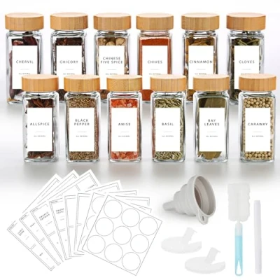 Imagen de Lannvan Barattoli Spezie 12pcs per con Coperchio in Bambù 120ml Contenitori Cucina Etichette Porta Setaccio, Spazzola, Lmbuto