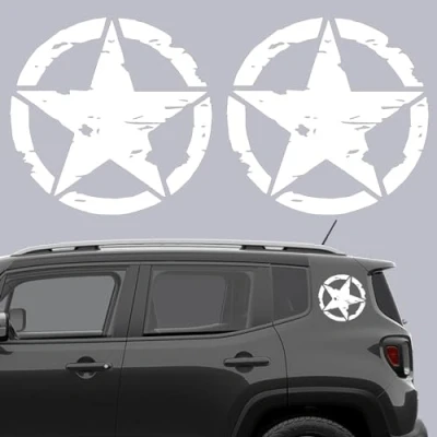 Imagen de Longivia® 2 Unidades Pegatinas 4x4 Estrella Militar Varios Tamaños 10cm, 15cm, 20cm, 25cm Accesorios Todoterreno Vehiculo Historico Off Road (Blanco, 15cm x 15cm)