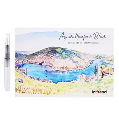 Imagen de Int!rend Bloc Papel Acuarela DIN A6 300gr 60 Papeles Blancos para Acuarelas + Pincel con Tanque de Agua y Lápiz Block Tarjetas Postales Watercolor