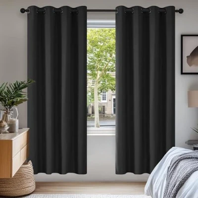 Imagen de Deconovo Cortinas Opacas para Ventanas de Salón y Cocina con Ojales Aislamiento Térmico 2 Paneles 140 x 180 cm Negro