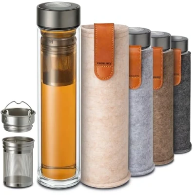 Imagen de Cosumy Botella de Té con Infusor 500 ml Vidrio Doble Pared Funda Fieltro Resistente al calor A Prueba Fugas Apta para Lavavajillas (Beige)