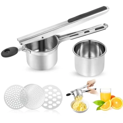 Imagen de VFANDV Machacador de Patatas, Prensa Patatas Profesionales Acero Inoxidable Triturador con 3 Discos Intercambiables para Bebés Frutas y Verduras