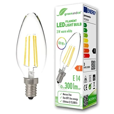 Imagen de greenandco Bombilla de filamento LED IRC 90+ E14 3W (corresponde a 28W) 300lm 2700K (blanco cálido) 360 230V AC vidrio, sin parpadeo, no regulable
