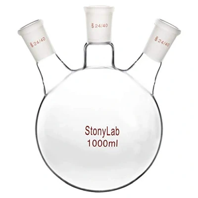 Imagen de stonylab Tres Cuello Balones de Destilación Redondo Frasco Fondo Borosilicato Vidrio RBF, con 24/40 Centro y Lado Cónicos Estándar Externo Joint, Laboratorio Boiling Flask 1000ml