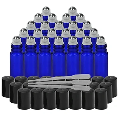 Imagen de BELLE VOUS Botella Roll On de Vidrio Azul Cobalto con Cuentagotas (Pack 24) 10 ml Frascos Bola Acero Inoxidable Para Aceites Esenciales, Aromaterapia Frasco Perfume Recargable