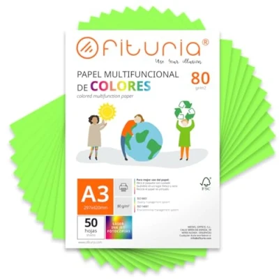 Imagen de Folios de Colores, Pack 50 Hojas A3 80gr Papel Colores para Manualidades, Impresora, Scrapbooking Ideal Origami, Papiroflexia, Oficina y Escuela (Verde Flúor, 50h)