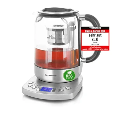 Imagen de Emerio WK 122248 Ganador de la prueba tetera vidrio con colador té completamente automático grado 1.3, borosilicato cierre suave, sin BPA, 1.7 l, selección temperatura volumen 2200 vatios, negro/plateado