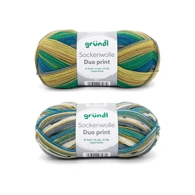 Imagen de Gründl Juego de 2 ovillos 100 g hilo para calcetines (75% lana virgen (superwash), 25% poliamida) + instrucciones (idioma español no garantizado), color azul oliva